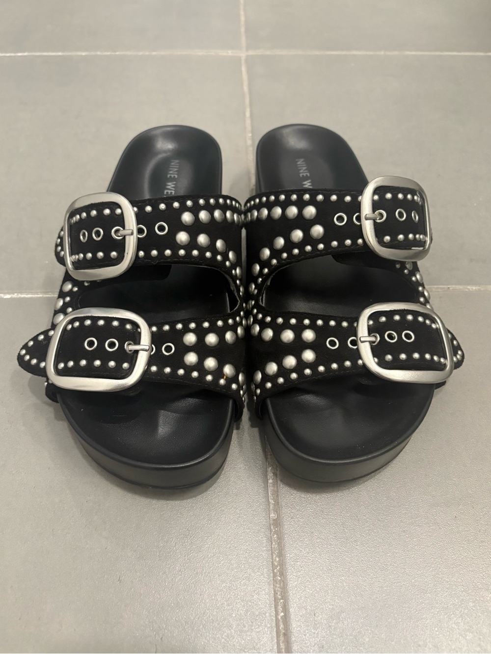 Nine West Black Studded Double-Buckle Slide Sandals